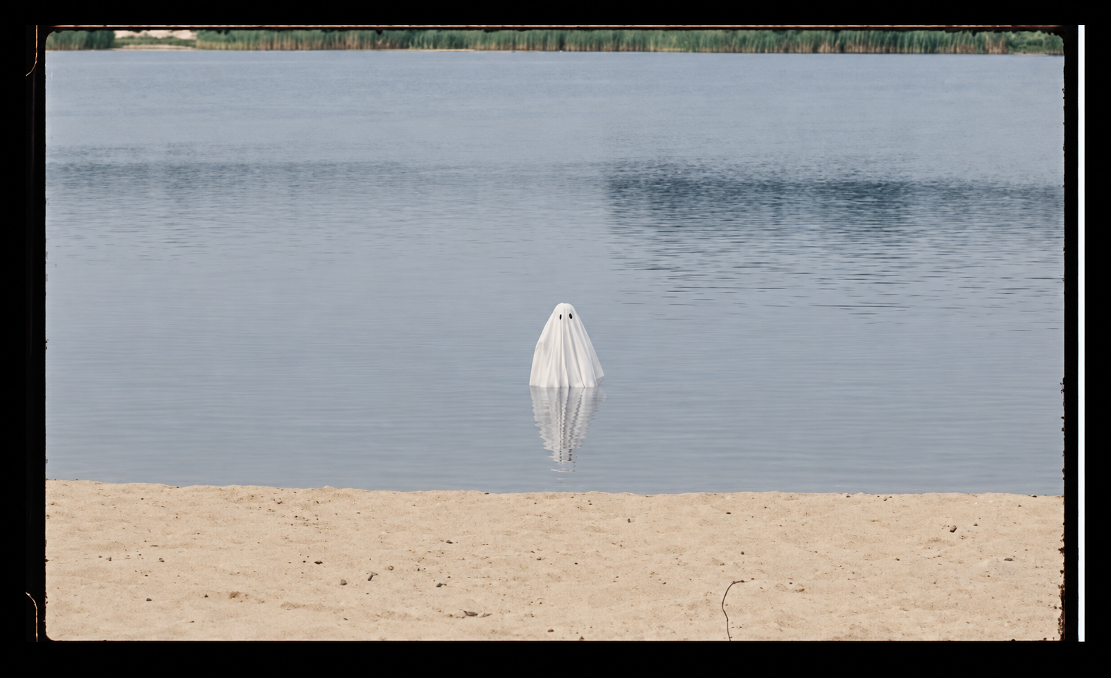 A ghost stands in the water beside a sandy beach.