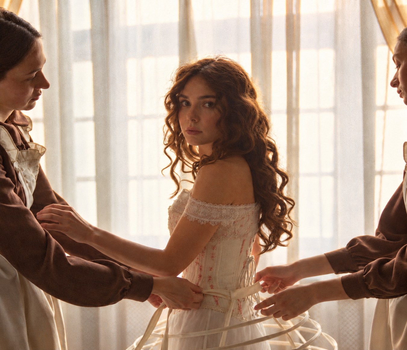 Two attendants fit a woman with a period costume.