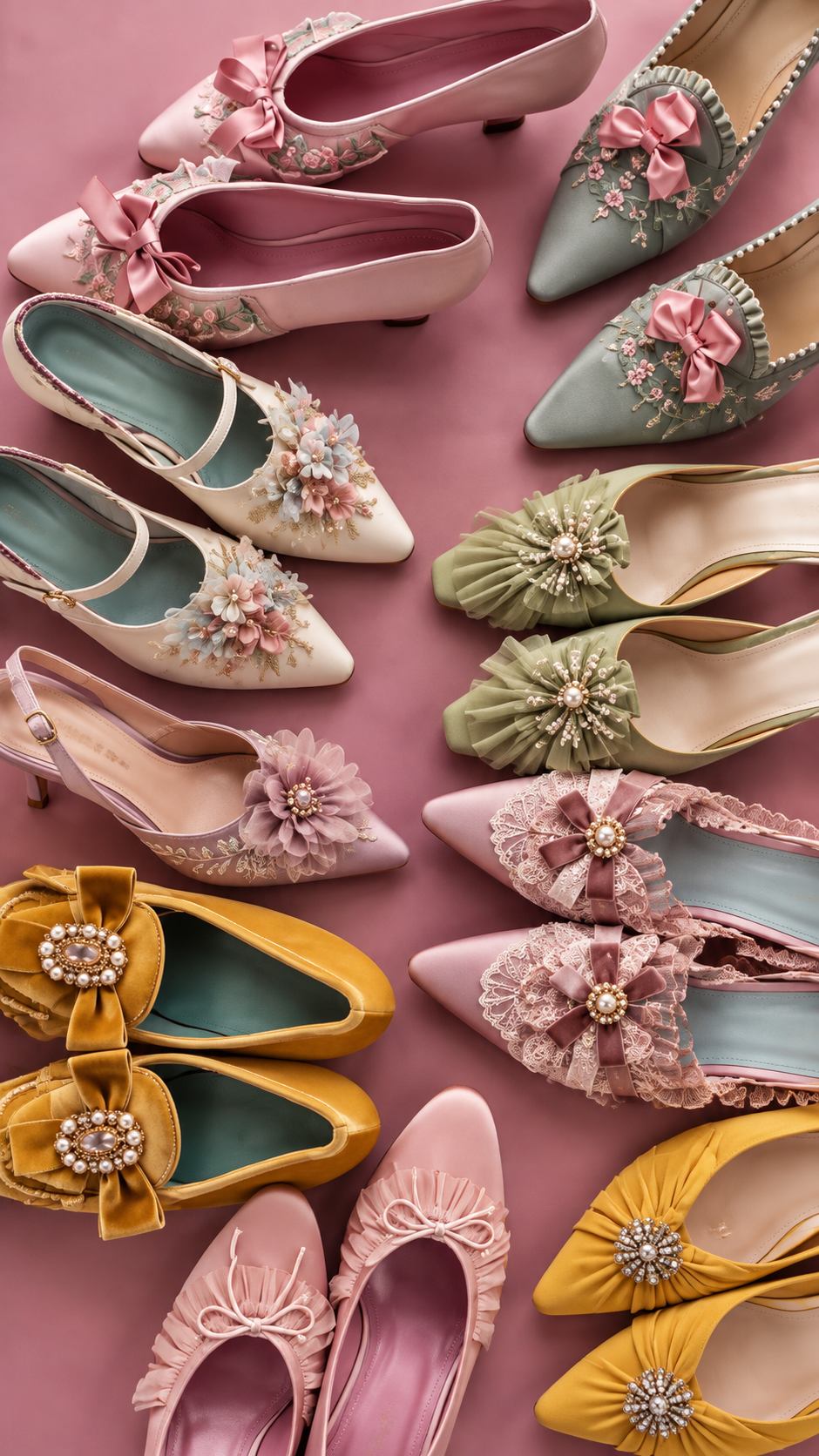 Colourful women’s shoes on a pink background