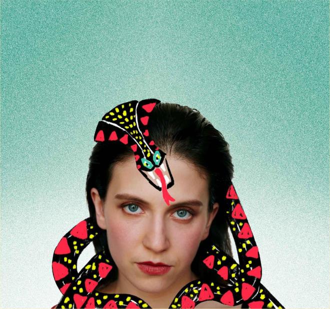 Portrait of a woman wearing a colourful patterned headscarf.